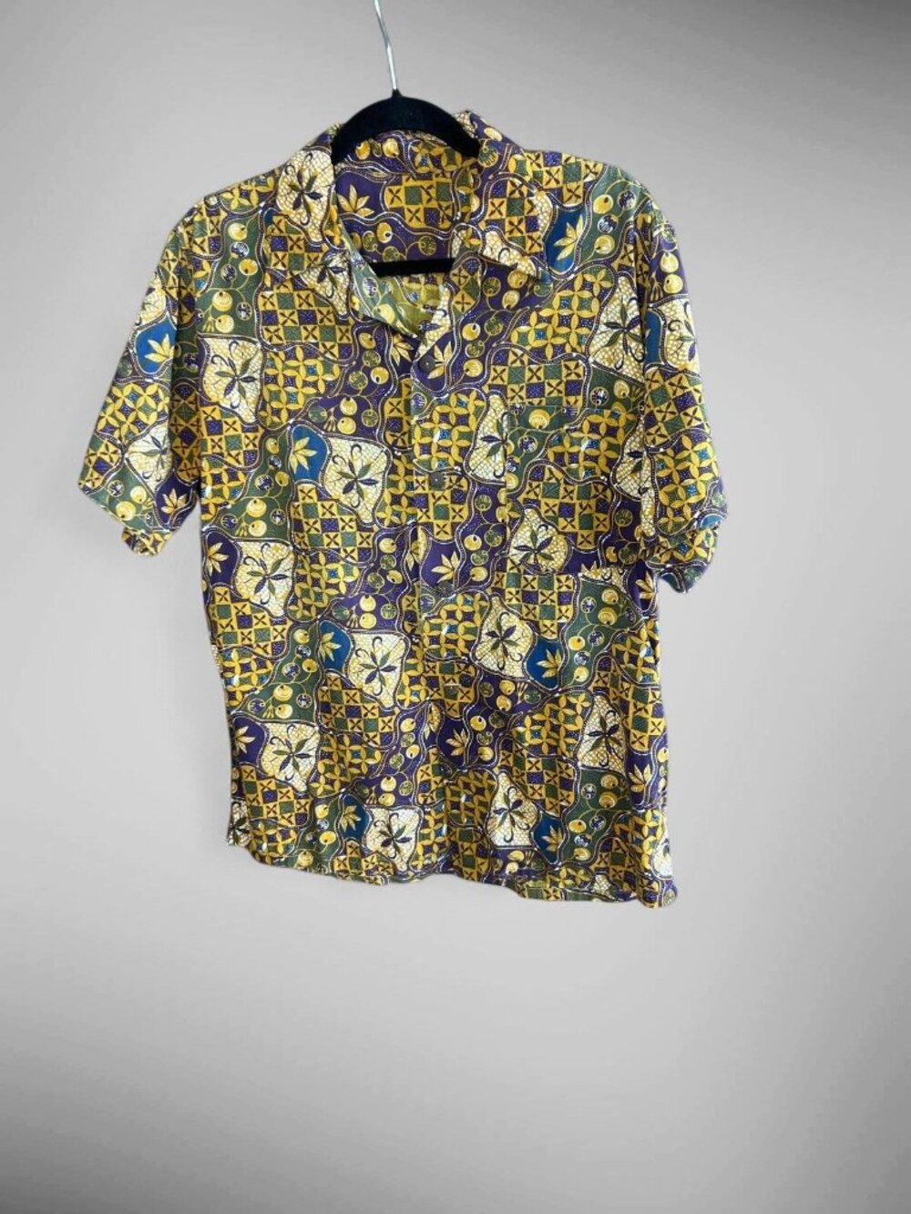 Men's Vintage Shirt Handmade Batik Print 100% Cotton Short Sleeves